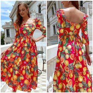 Orange Print Puff Sleeve A-line Dress